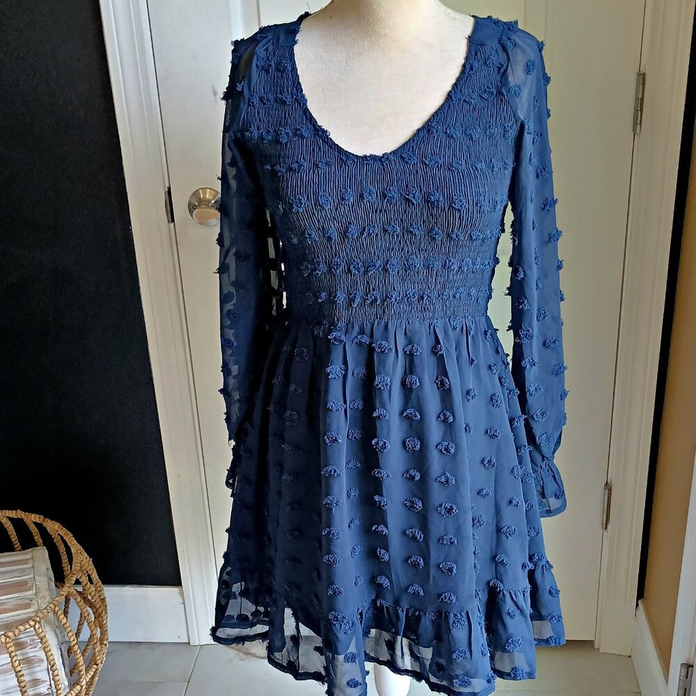 NEW! BOHO SMOCKED BODICE SWISS DOT DRESS SZ M